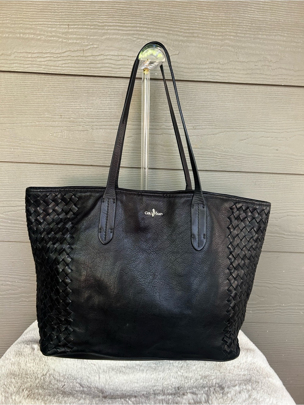 Cole Haan Black Woven-Panel Leather Tote